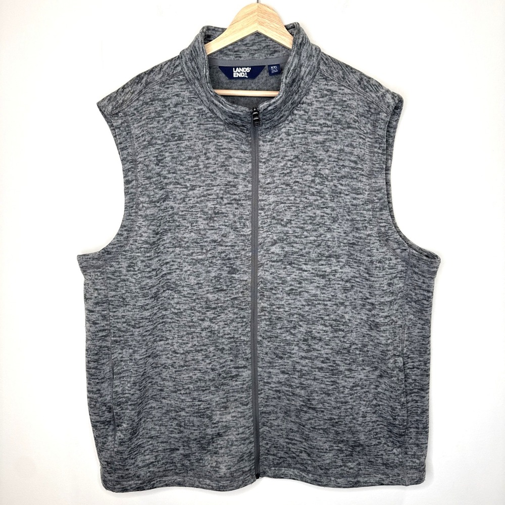 Lands End Fleece Zip Up Vest Men's XXL Gray Heathered Pockets Golf Work Layer